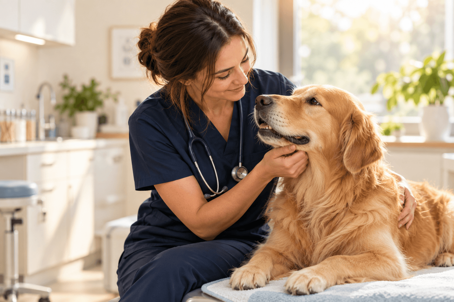 A veterinarian in navy scrubs gently caring for a golden retriever in natural daylight